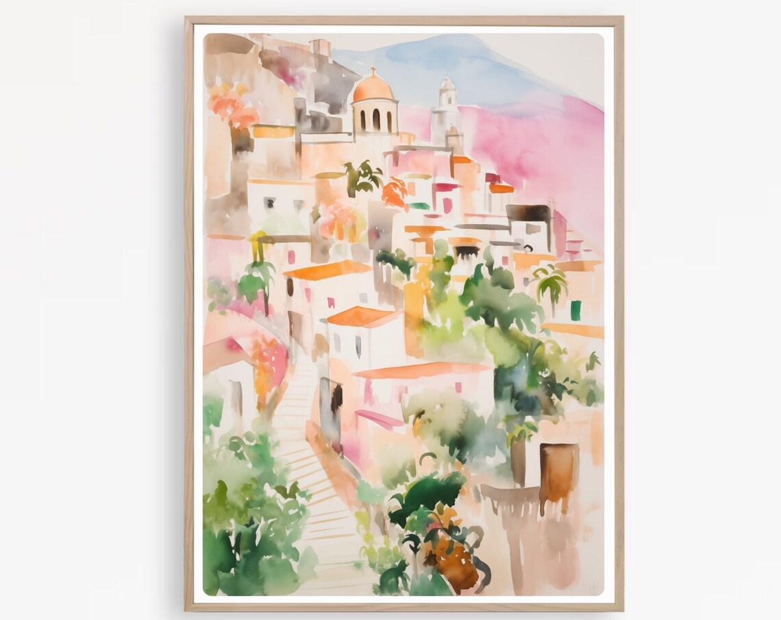 Positano Italy Church Domes Cliffside Steps Watercolor Poster
