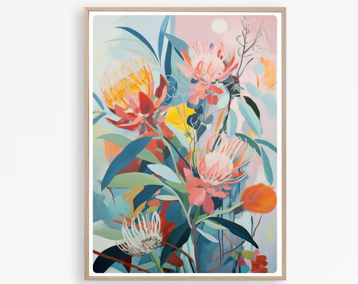 Vibrant Protea and Native Flowers in Bold Warm Colors Poster