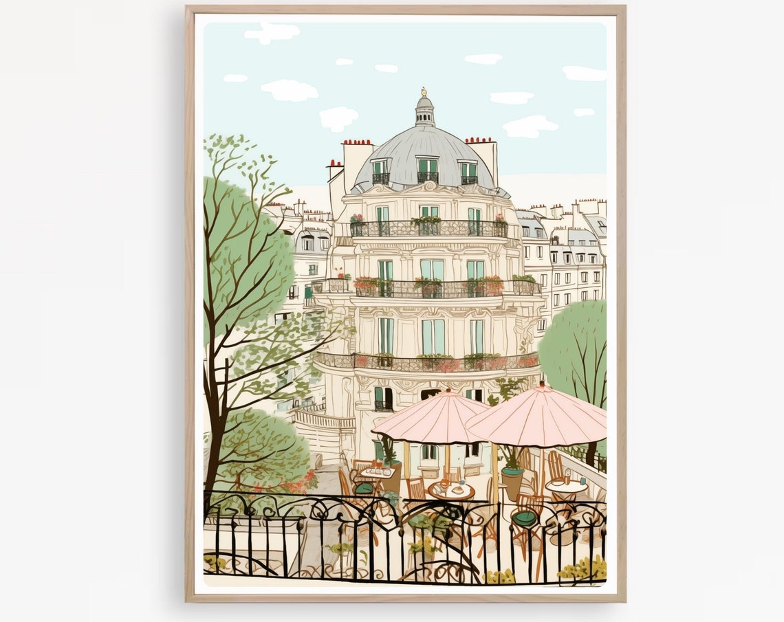Paris Haussmann Building Cafe Terrace With Pink Umbrellas Poster