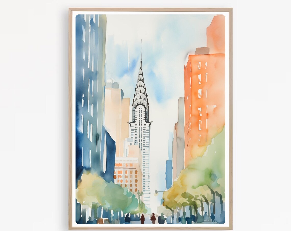 New York City Chrysler Building Street Watercolor Travel Poster