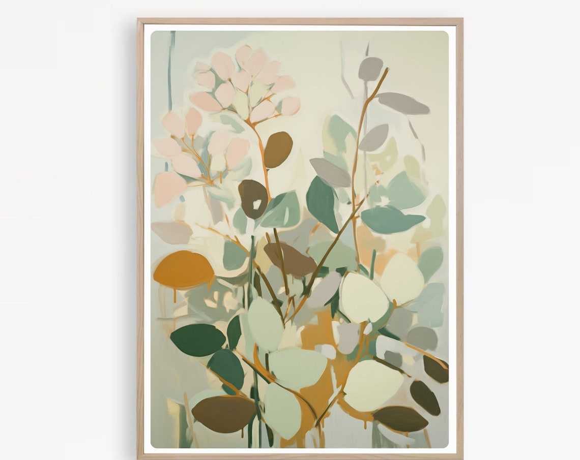 Neutral Eucalyptus Foliage in Sage Green and Cream Botanical Poster