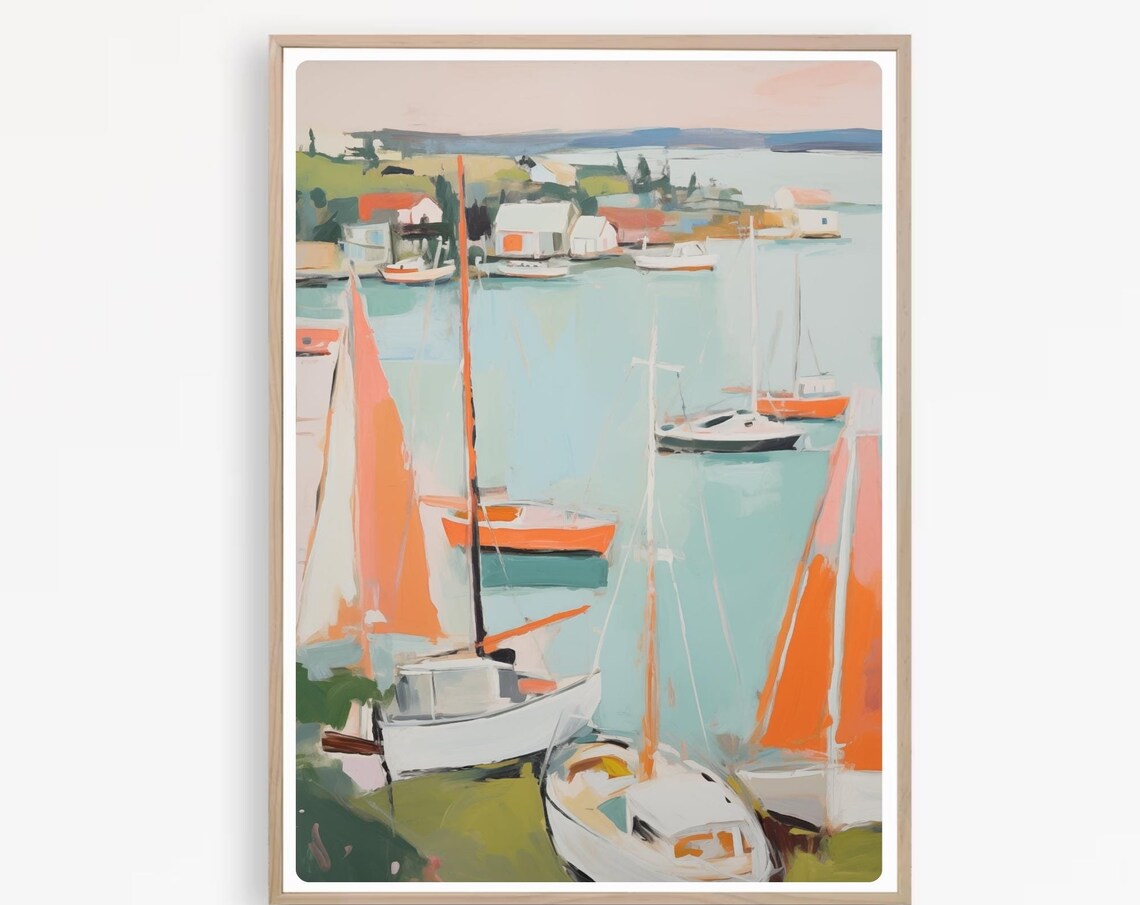 Sailboats In Harbor With Orange Sails Coastal Painting Poster