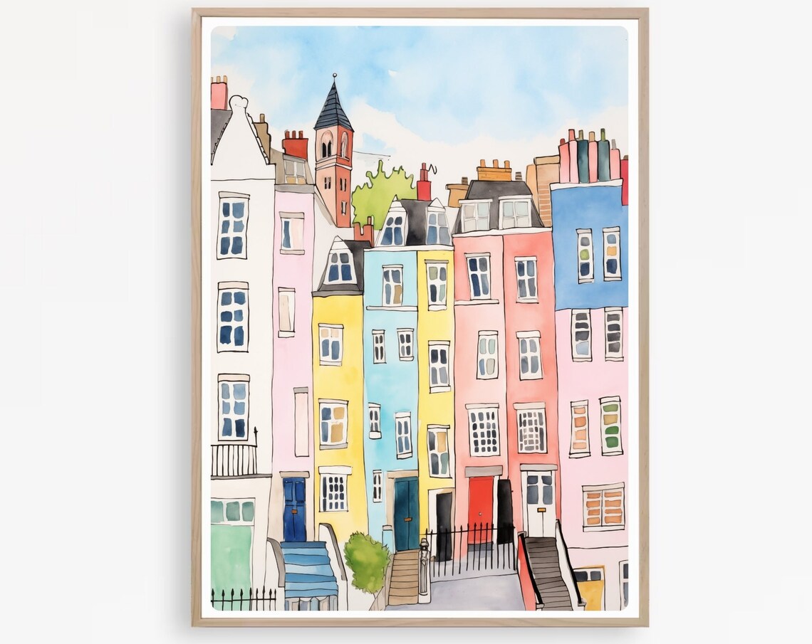 Colorful City Houses, Quirky Cityscape Art Print