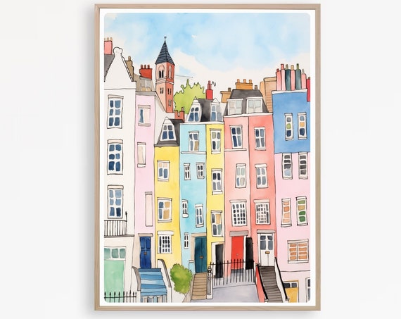 Colorful City Houses, Quirky Cityscape Art Print