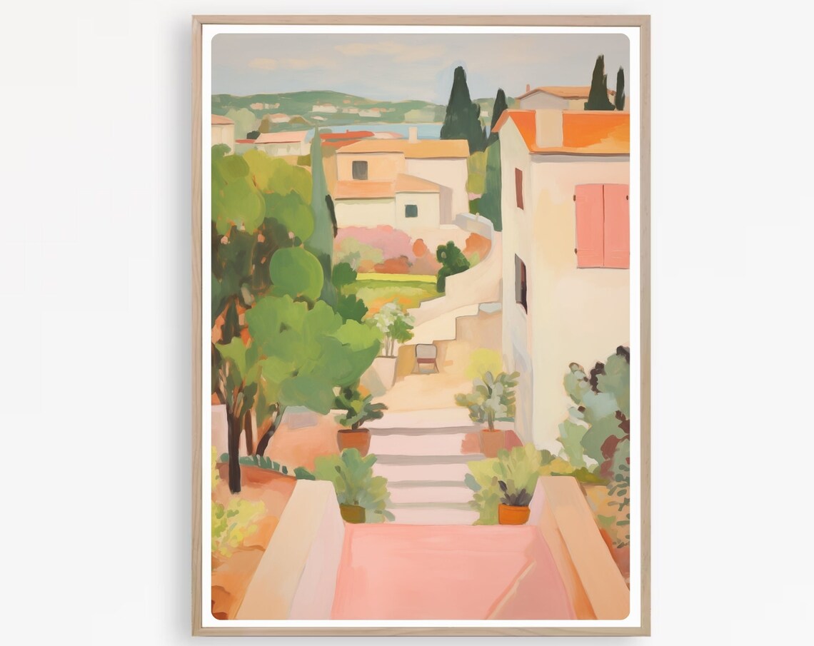 Provence France Village Staircase And Pink Shutters Watercolor Poster