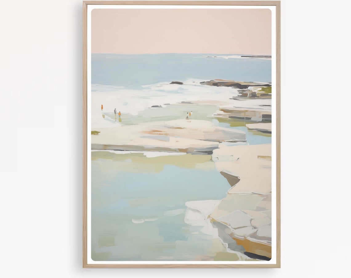 Ocean Rock Pool with Swimmers Soft Pastel Seascape Painting Poster