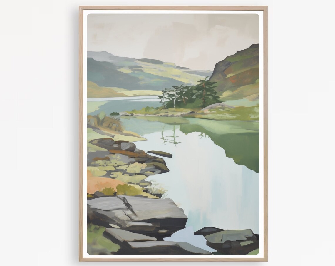 Mountain Lake Landscape With Rocky Shore And Pines Watercolor Poster