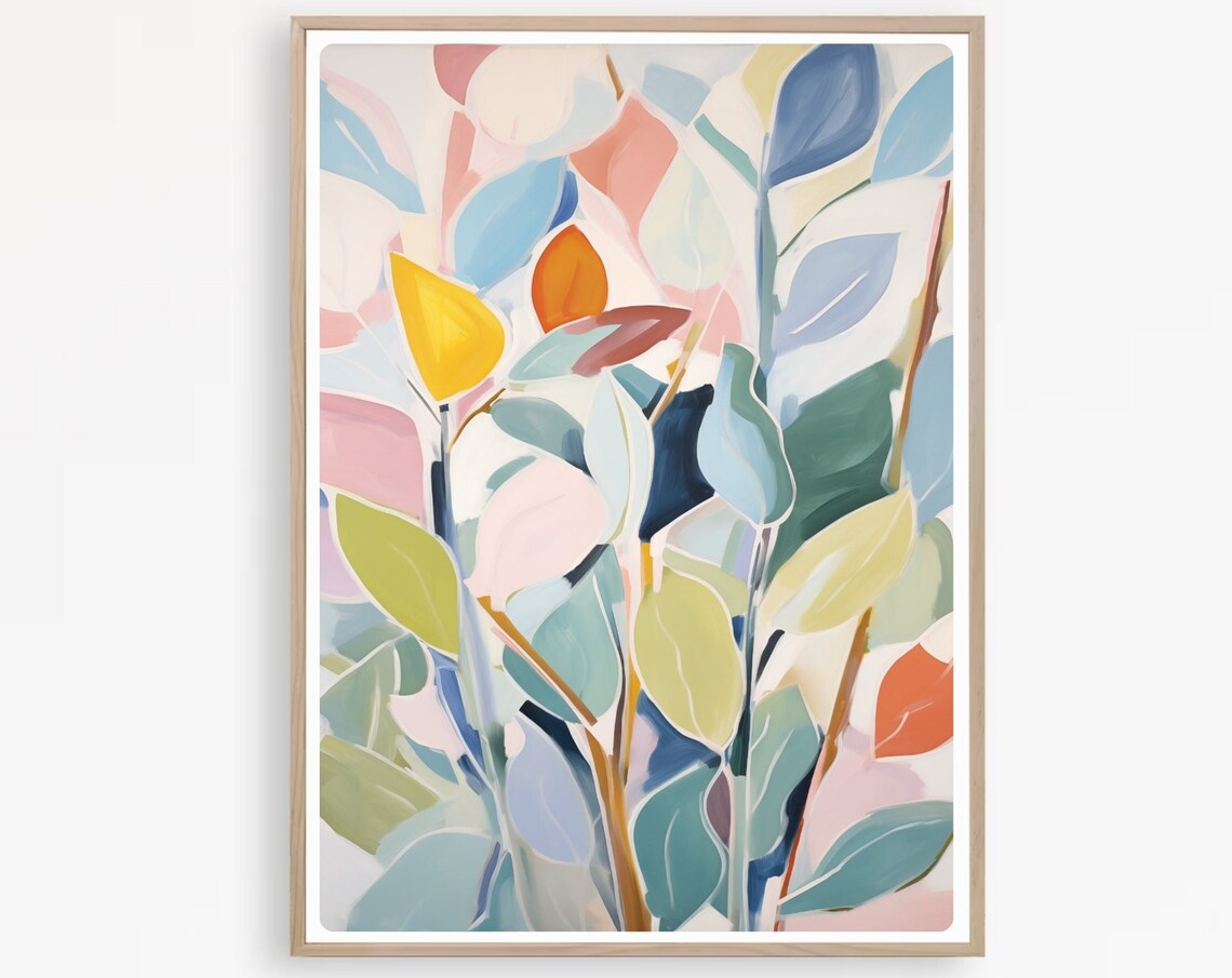 Abstract Botanical Leaves in Pastel Blue and Coral Tones Poster