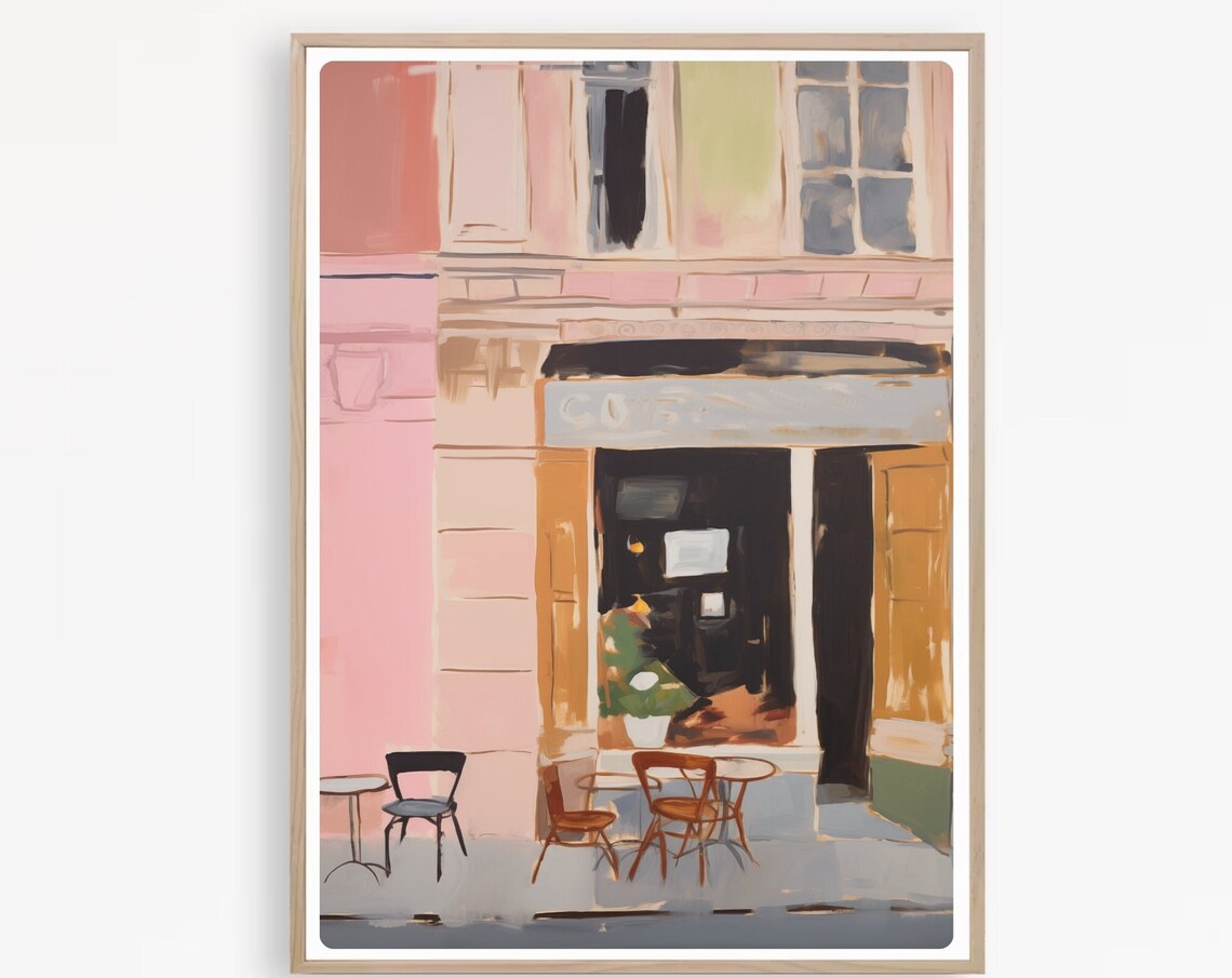 Pink Parisian Cafe Storefront Terrace Scene Watercolor Poster