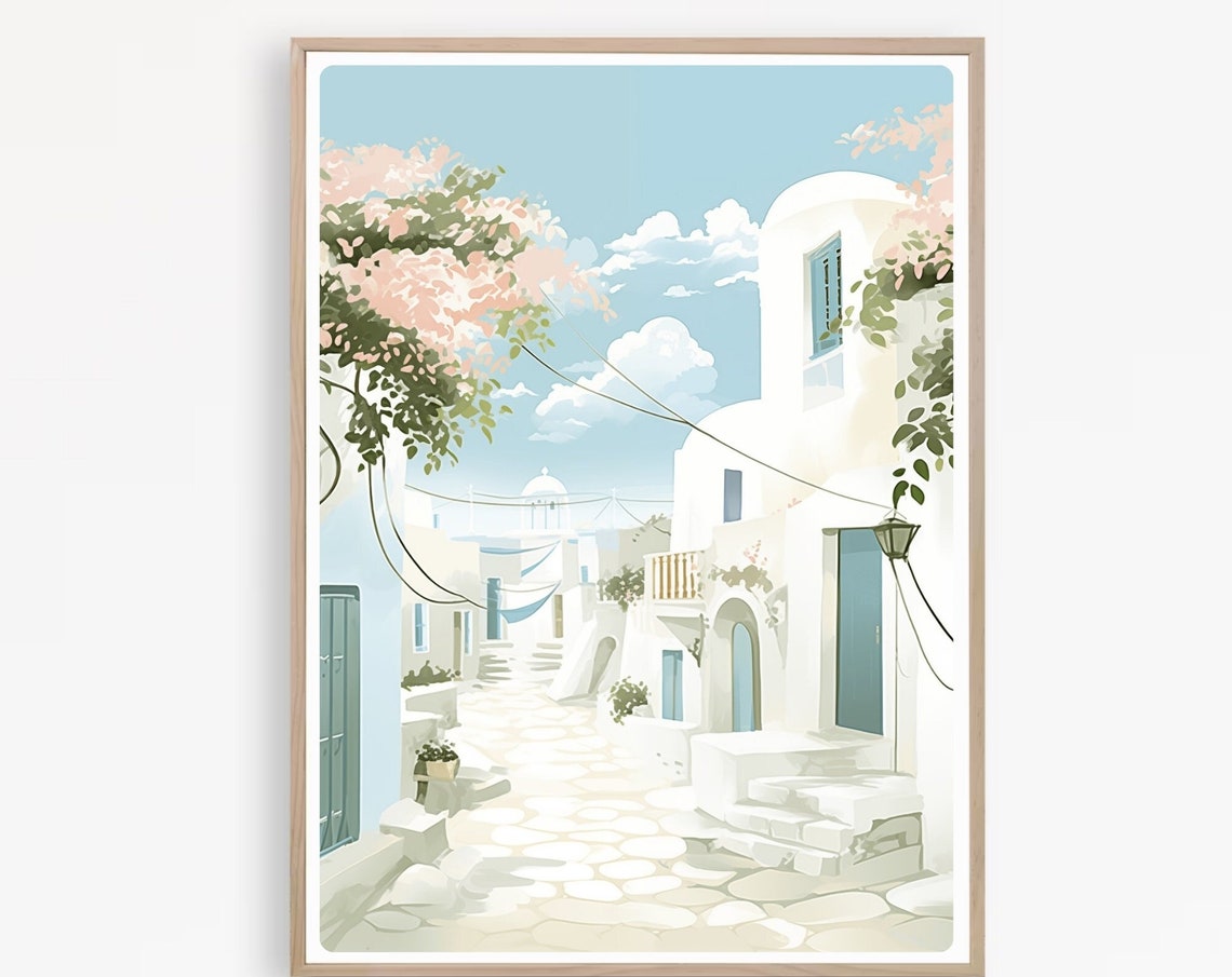 Santorini Style White Village Lane Watercolor Illustration Poster