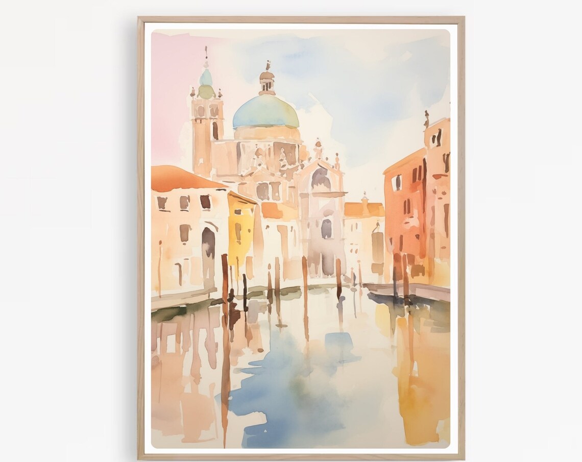 Venice Canal with Grand Domed Church Reflection Watercolor Poster
