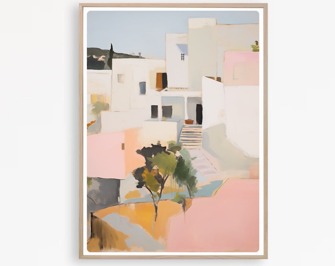 Ibiza Spain Whitewashed Village Houses Pastel Abstract Art Poster