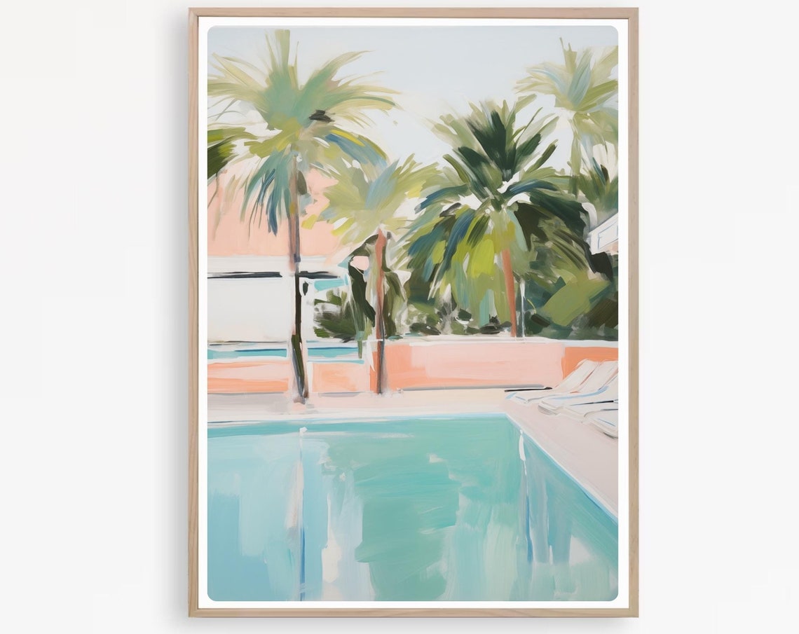 Tropical Poolside with Palm Trees Turquoise Pool Painting Poster