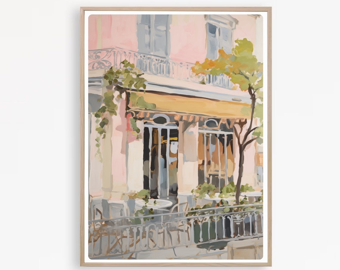 Parisian Cafe Balcony Facade Pastel Impressionist Art Poster