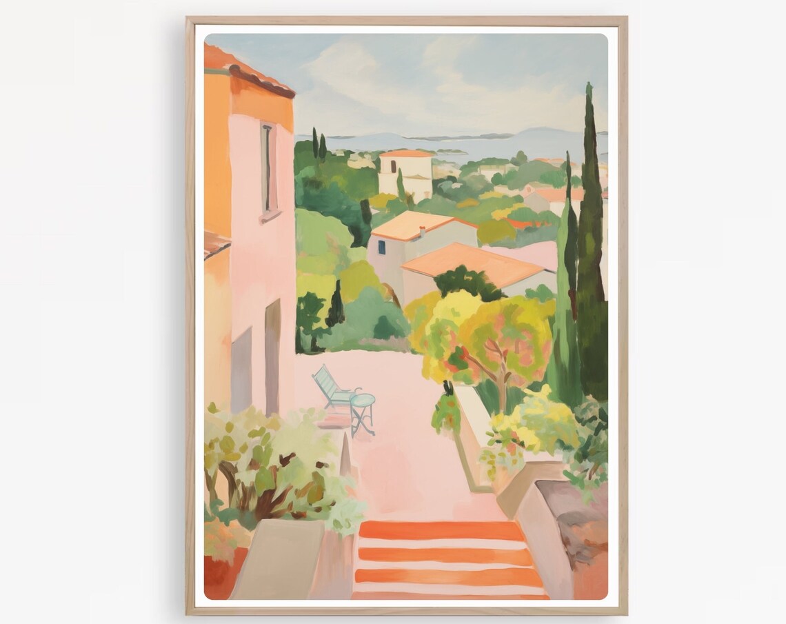 Provence Countryside Terrace Watercolor Poster with Cypress Trees