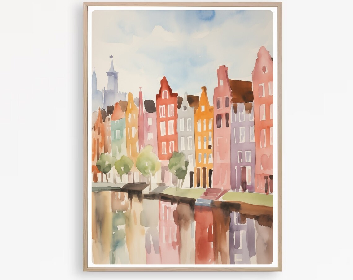 Amsterdam Canal Rowhouses Colorful Watercolor Cityscape Poster