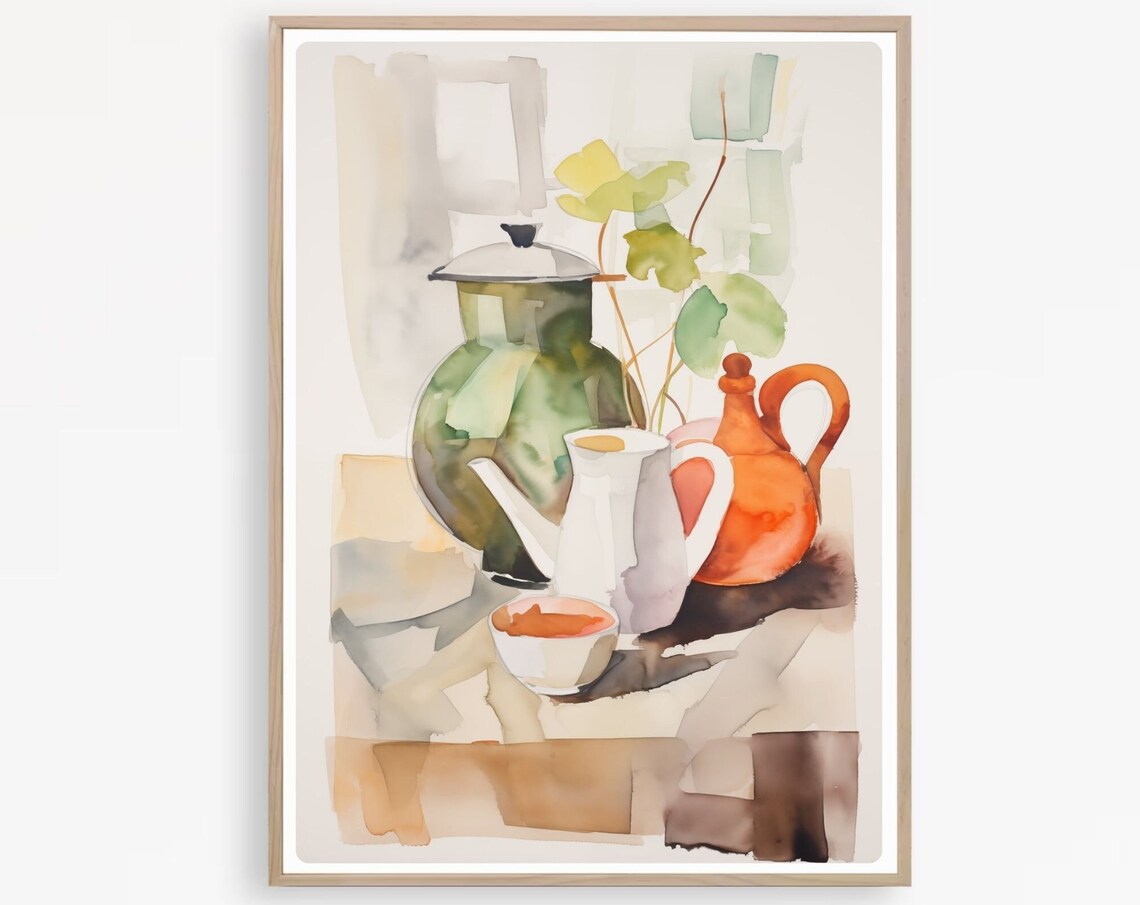 Watercolor Still Life with Jugs Teapot and Tea Cup Modern Poster