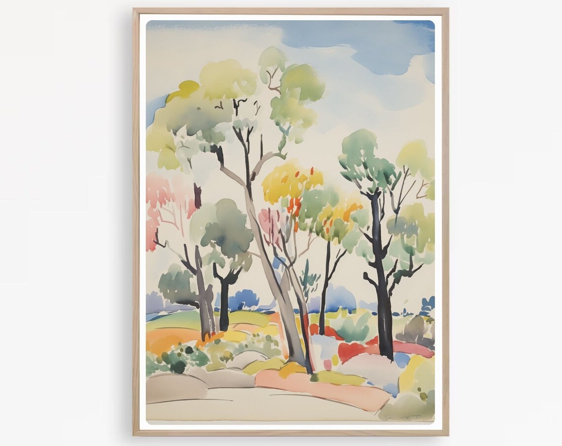 Watercolor Trees with Yellow Pink and Green Foliage Scene Poster