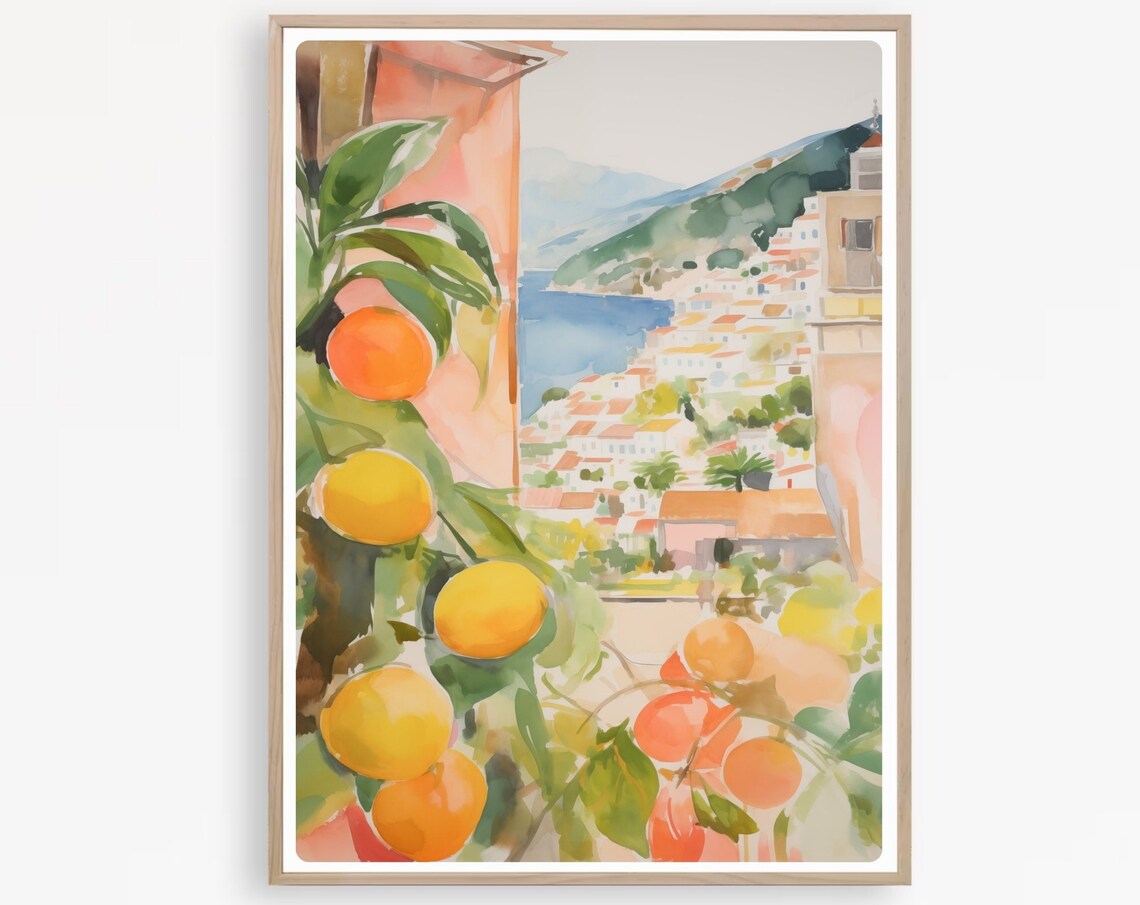 Amalfi Coast Overlook With Ripe Lemons On Branch Watercolor Poster
