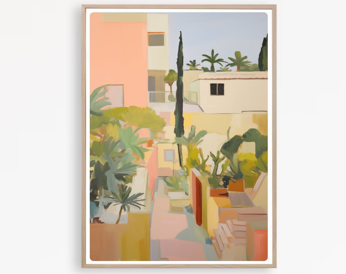 Mallorca Spain Pastel Old Town Village Street Watercolor Poster