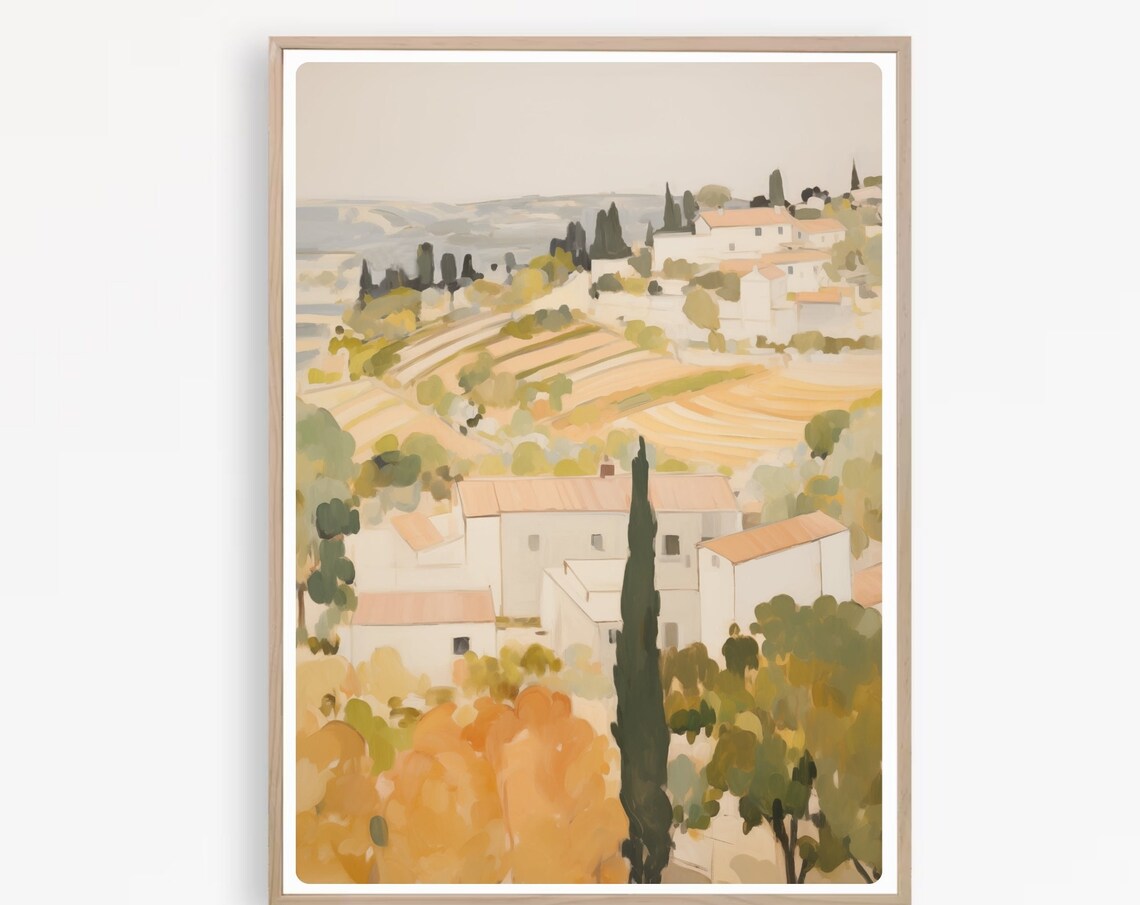 Provence France Countryside Cypress Hills Terracotta Watercolor Poster