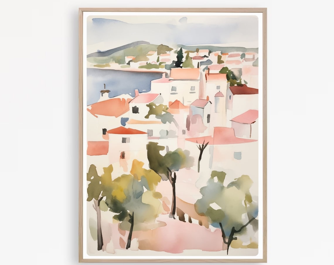 Mediterranean Harbor Town Red Rooftops Bay View Watercolor Poster