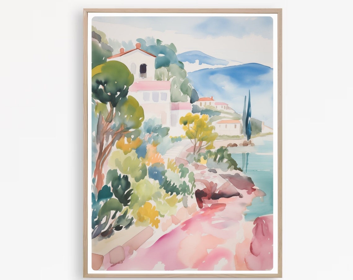 Greek Island Seaside Hillside Villa with Cypress Watercolor Poster