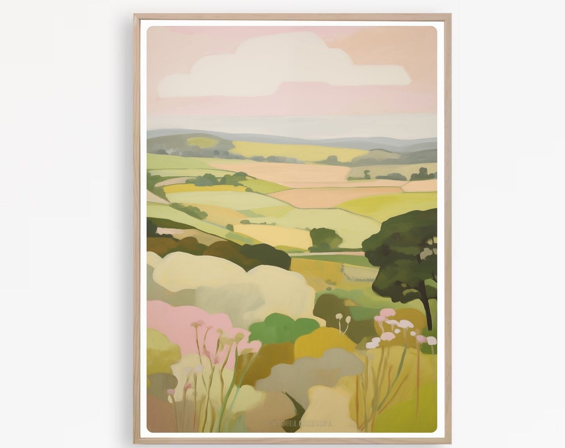 Pastel Green Fields and Blush Hills Country Landscape Poster