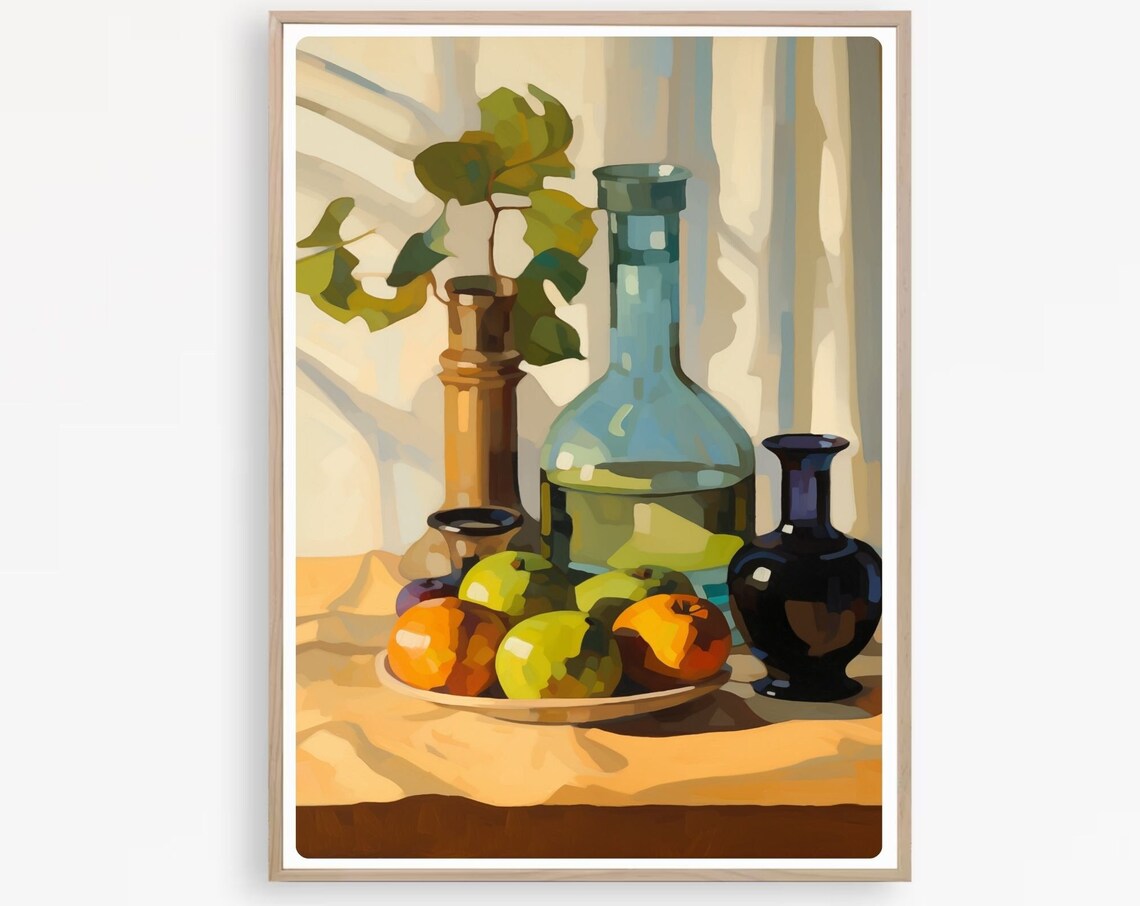 Retro Fruit Bowl Still Life, Watercolor Art Print