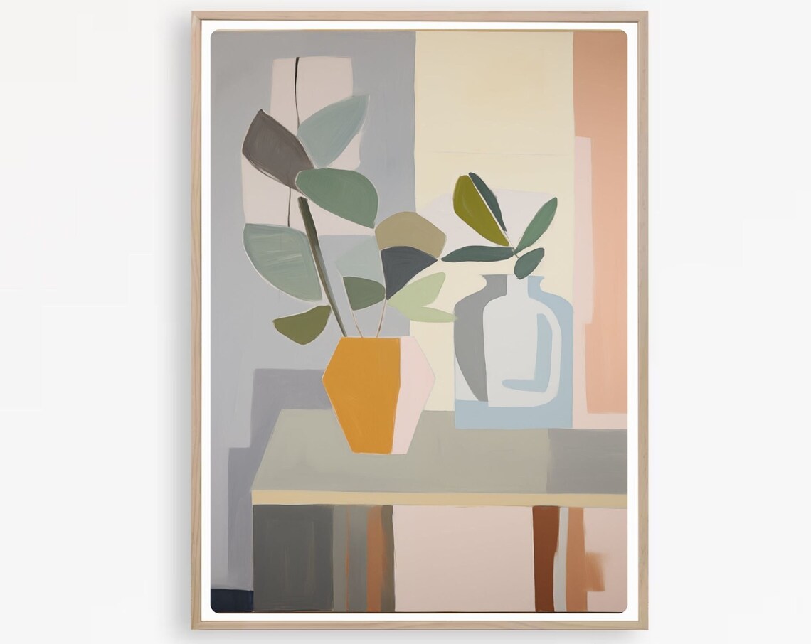 Minimalist Abstract Foliage in Orange Vase on Gray Modern Poster