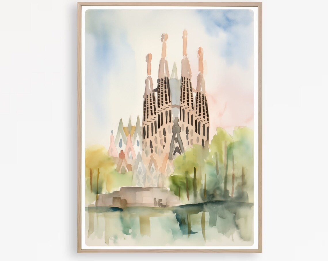 Sagrada Familia Barcelona Spain Pastel Watercolor Travel Poster