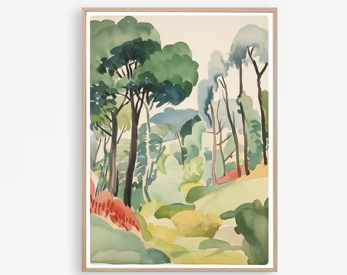 Tall Green Pines in a Dreamy Watercolor Forest Landscape Poster