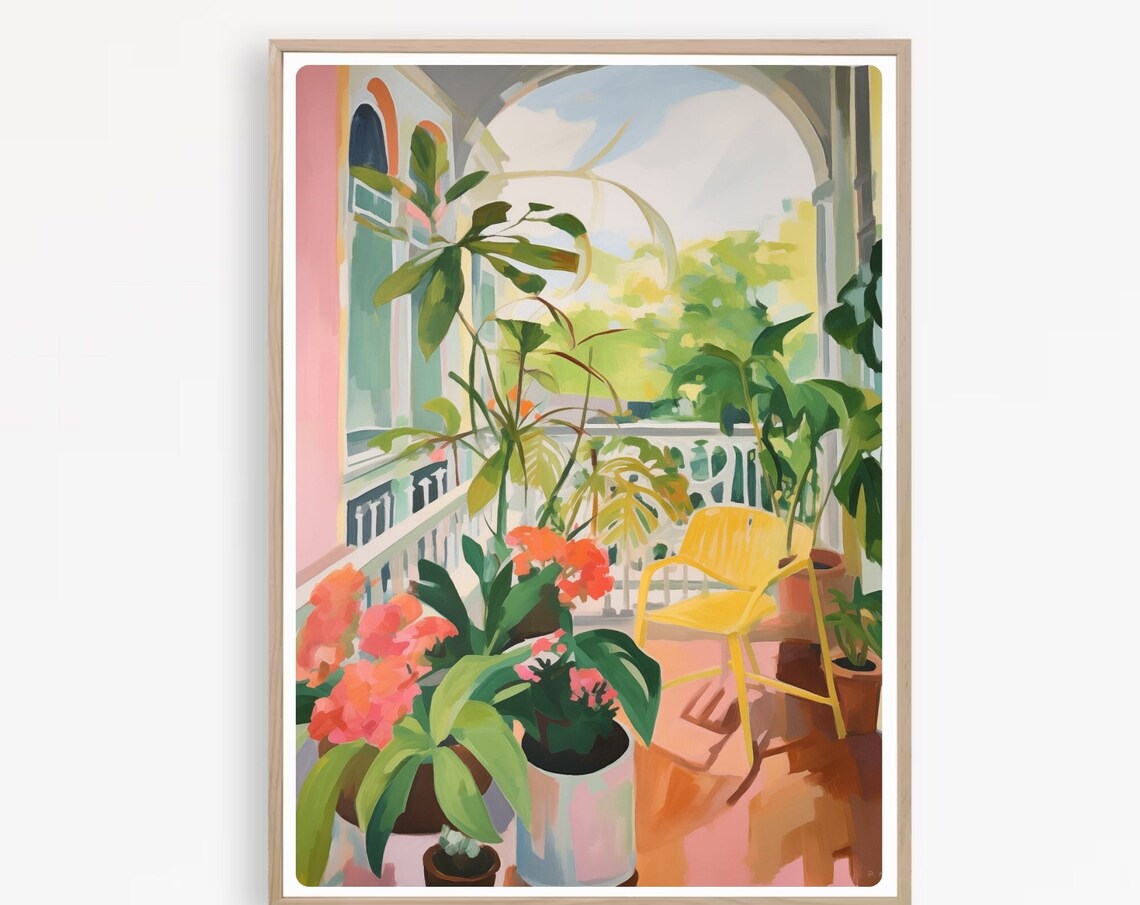 Tropical Sunlit Balcony Garden With Yellow Chair Watercolor Poster