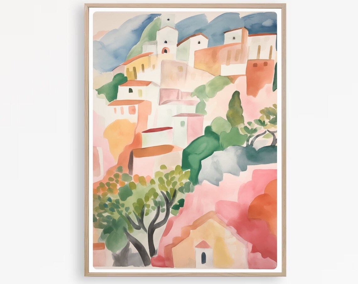 Pastel Pink Coastal Village on Green Hillside Watercolor Poster