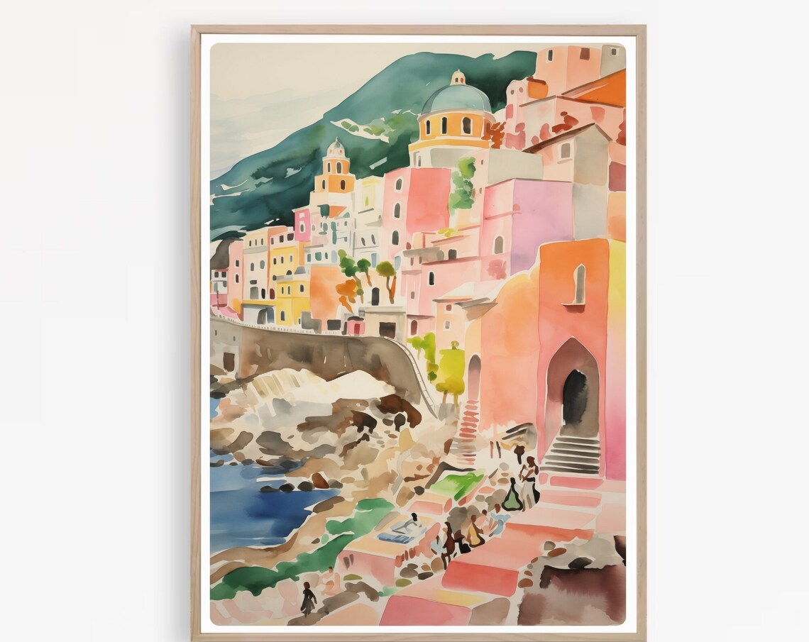 Atrani Amalfi Coast Colorful Cliffside Village Watercolor Poster