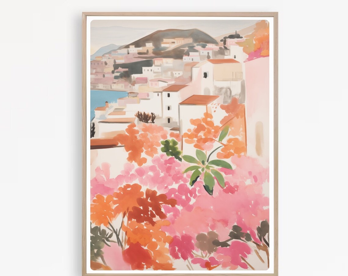 Mediterranean Hillside Village with Bougainvillea Watercolor Poster