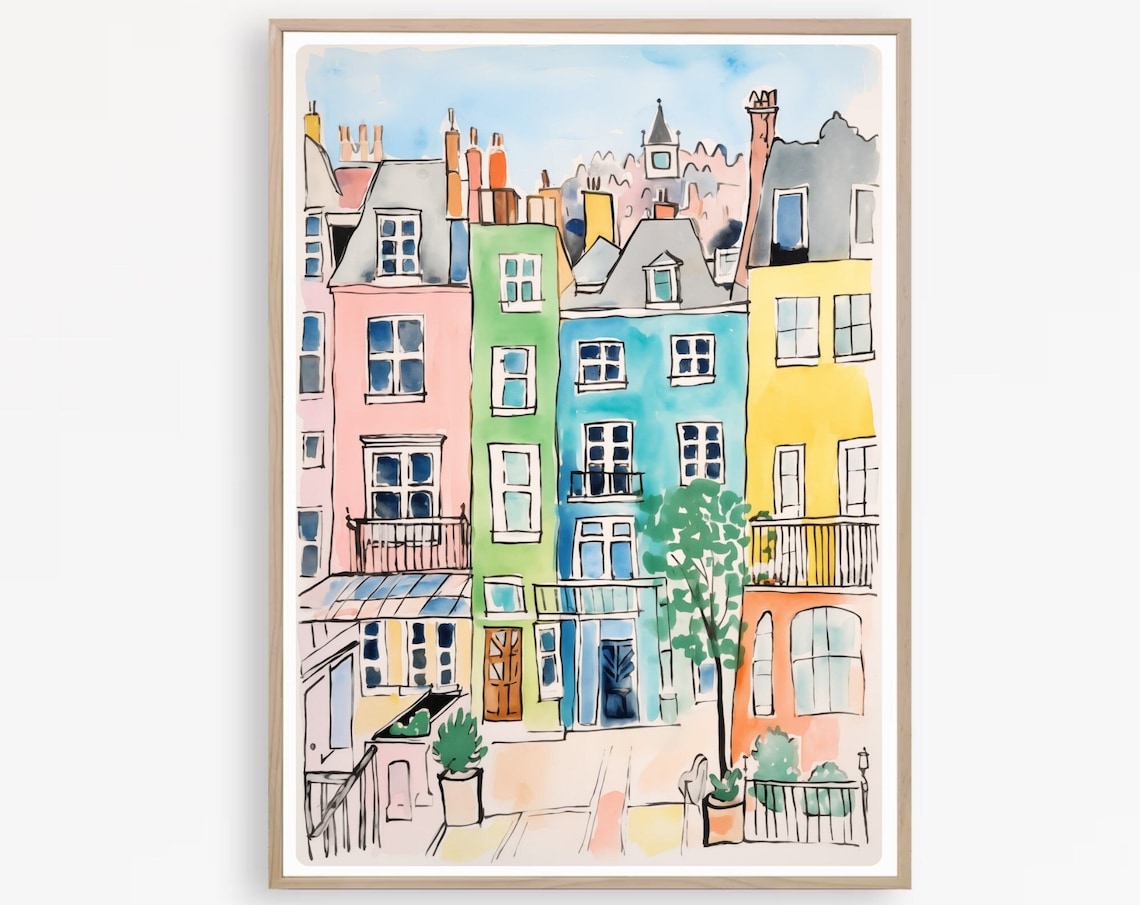 Colorful London Townhouses Cheerful Watercolor Architecture Poster