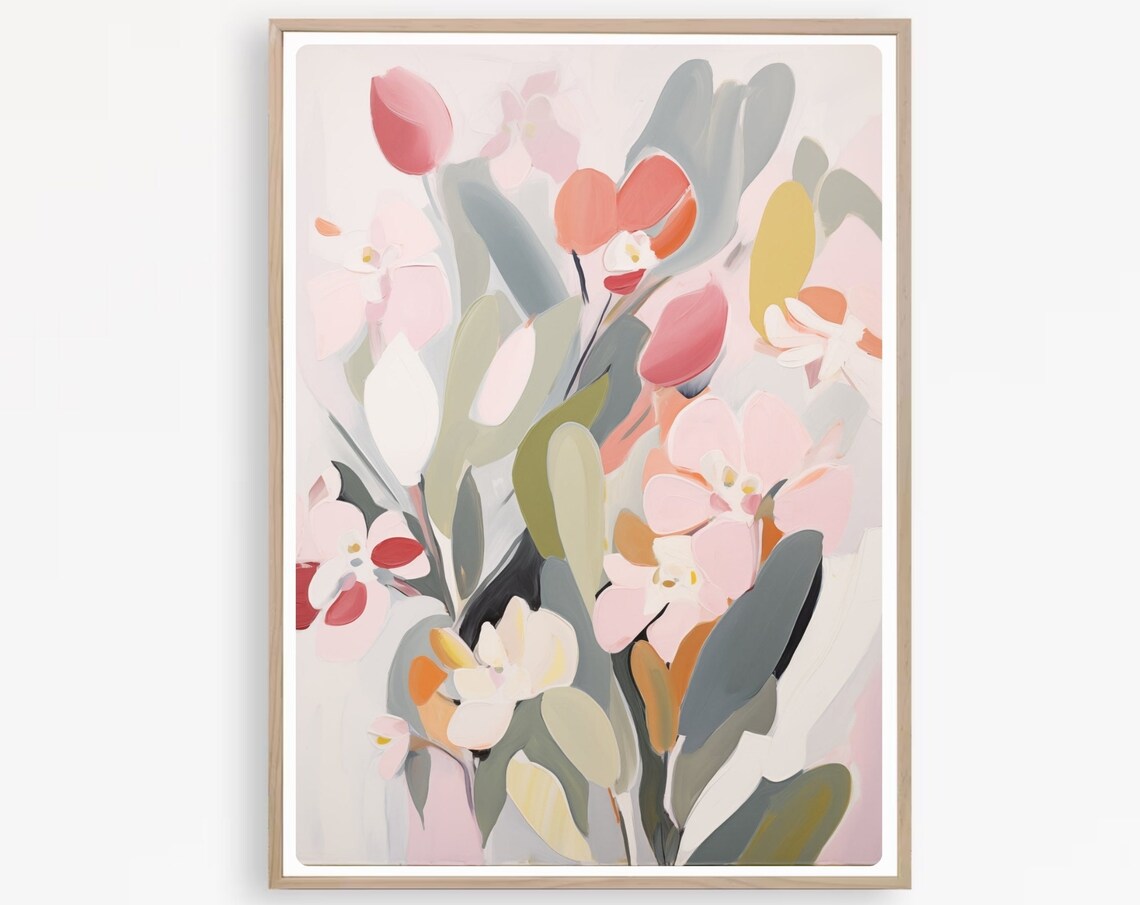 Soft Abstract Floral Arrangement in Coral and Sage Tones Poster