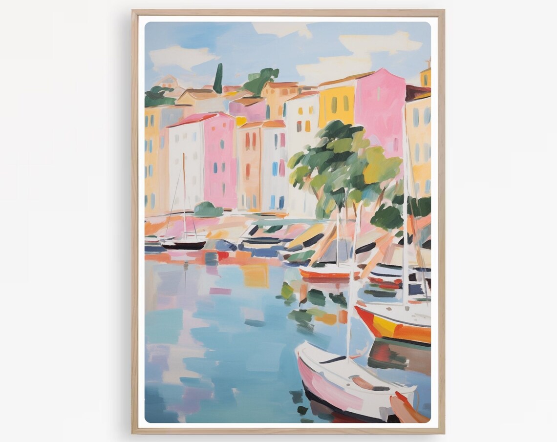 Colorful Mediterranean Harbor Town with Sailboats Watercolor Poster