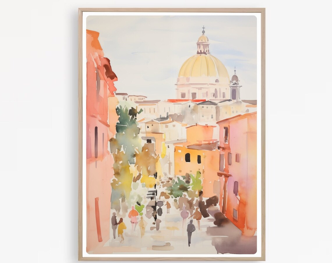 Rome Italy Street View of Grand Cathedral Dome Watercolor Poster