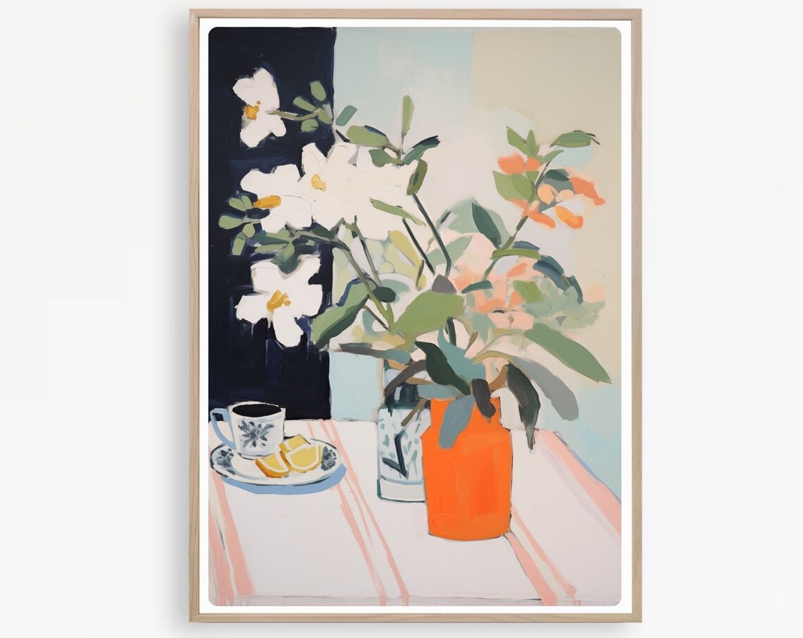 White Flowers in Orange Vase with Coffee and Lemons Still Life Poster