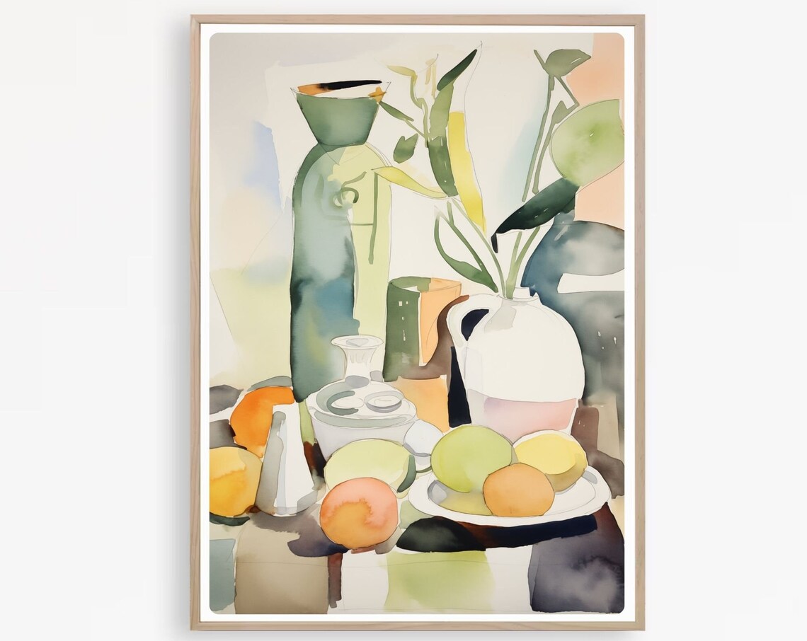 Watercolor Still Life with Tall Green Bottle and Fresh Fruit Poster