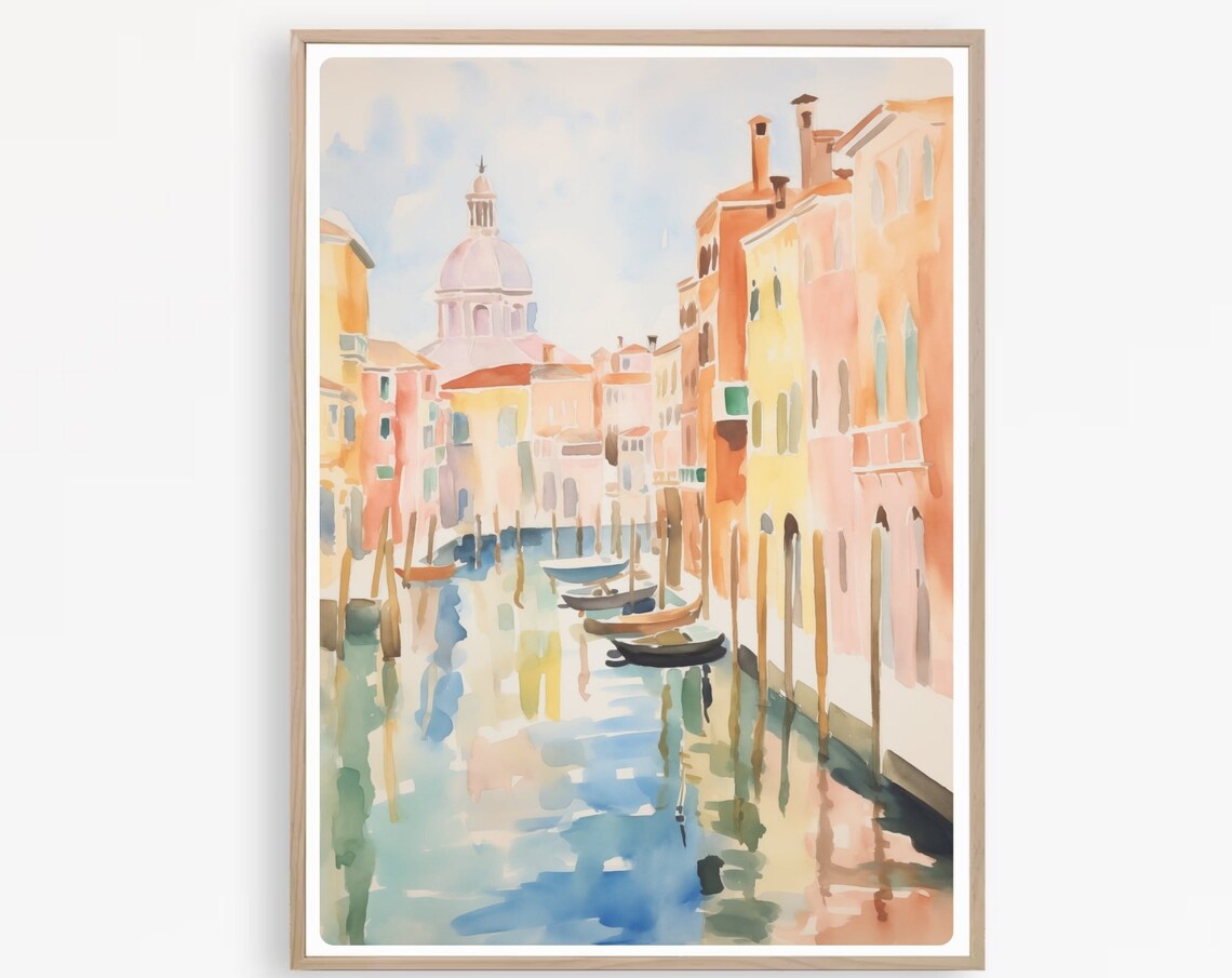 Venice Italy Grand Canal Gondolas Reflections Watercolor Travel Poster