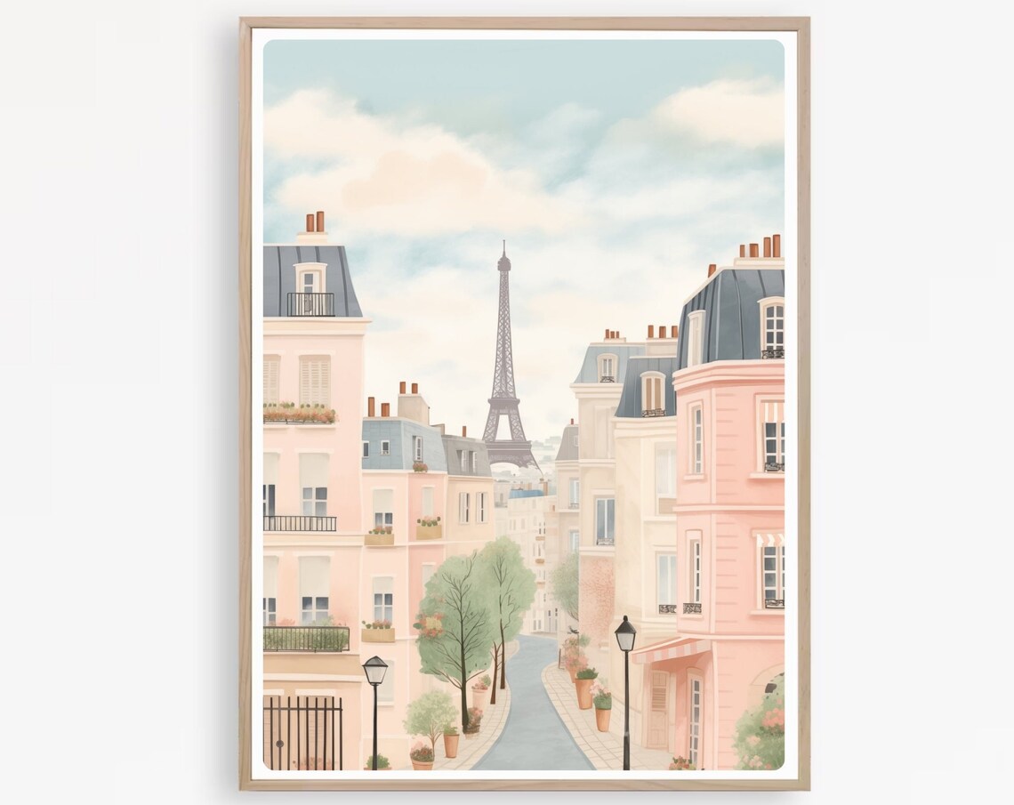 Charming Pink Paris Street Eiffel Tower View Illustration Poster