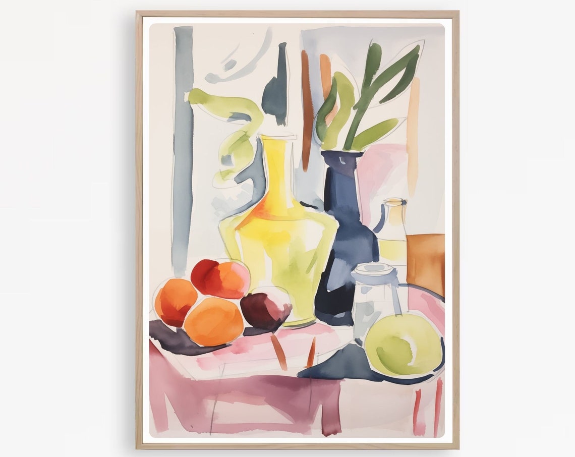 Bright Watercolor Still Life with Yellow Decanter and Fruit Poster