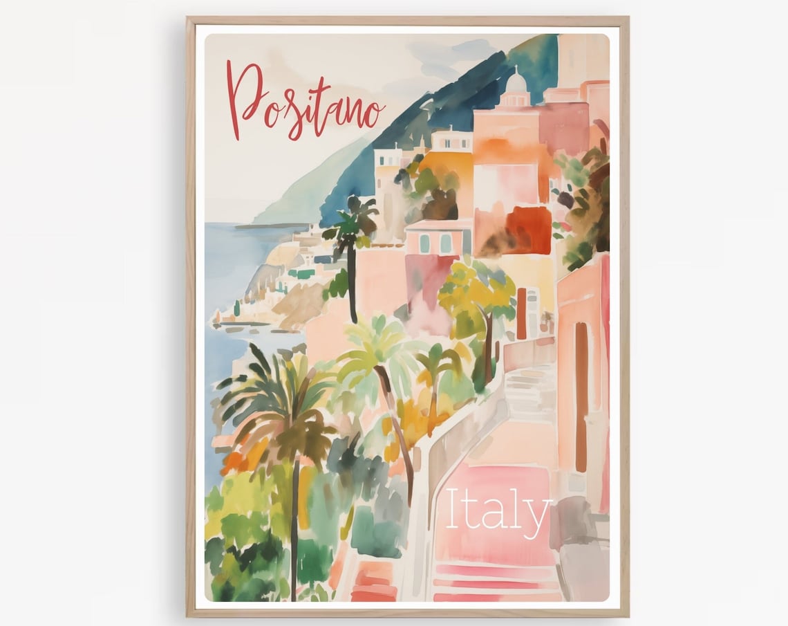 Positano Italy Watercolor Travel Poster with Coastal Village Scene