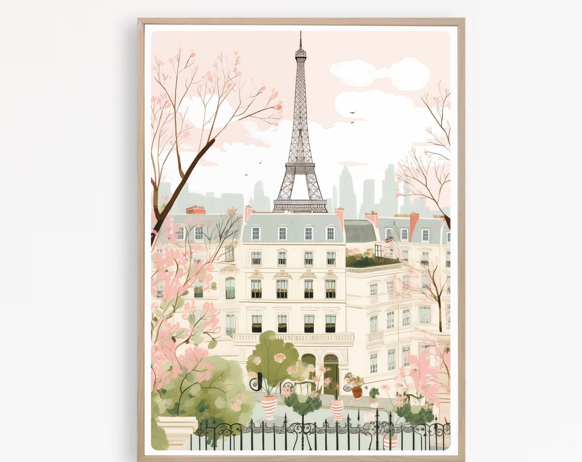 Paris Eiffel Tower Spring Blossom Watercolor Illustration Poster