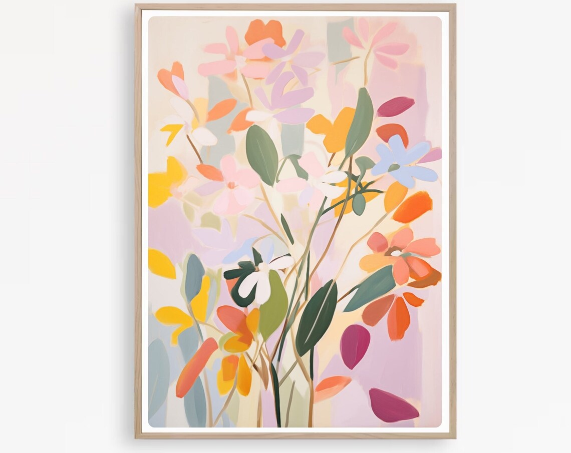 Soft Pastel Floral Stems in Peach Yellow and Blue Tones Poster