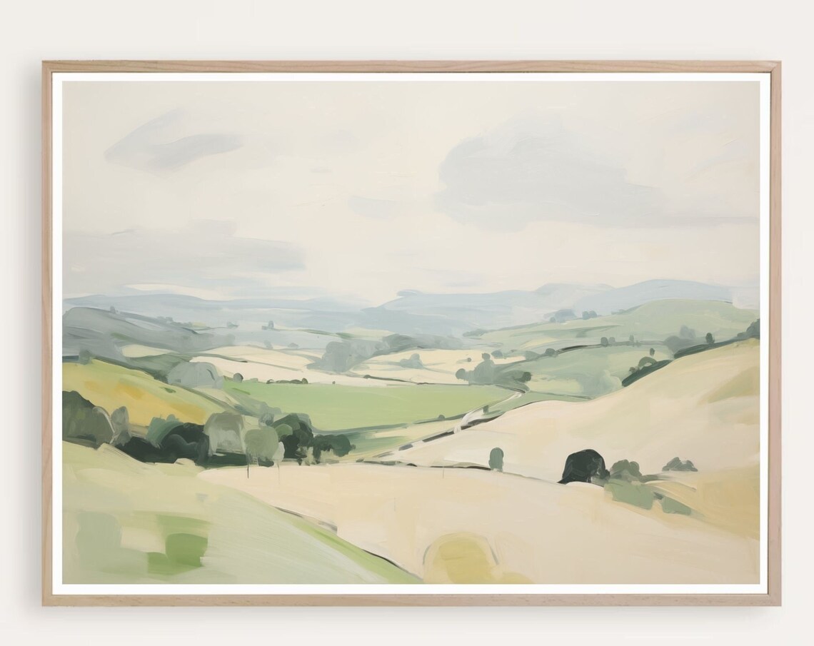 Soft Green Misty Valley with Rolling Hills Scenic Landscape Poster