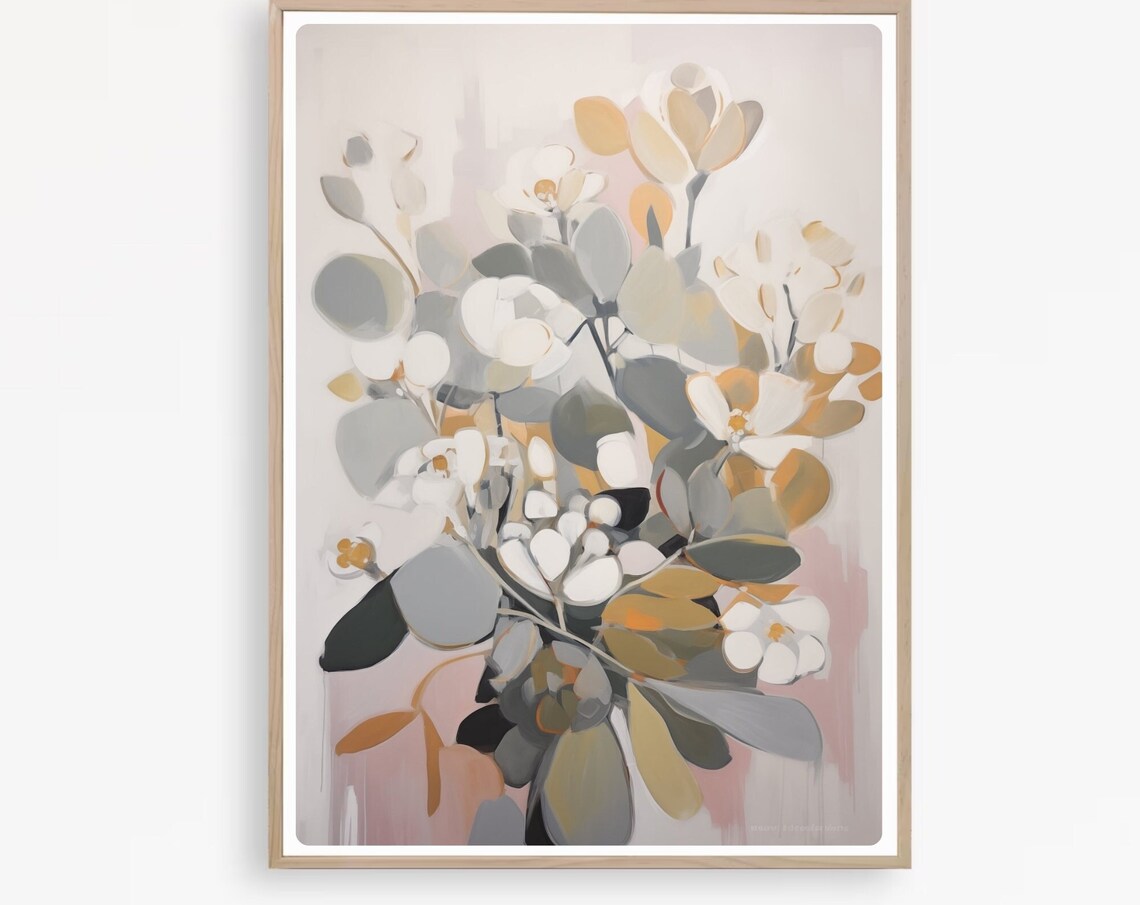 Neutral Botanical Eucalyptus Bouquet in Gray and Cream Poster